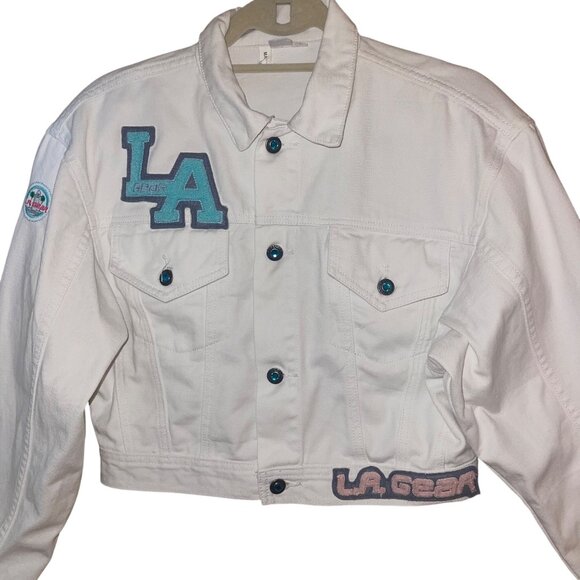 LA Gear Vintage Womens Jacket Size Medium White Denim Cropped Letterman - Picture 1 of 11